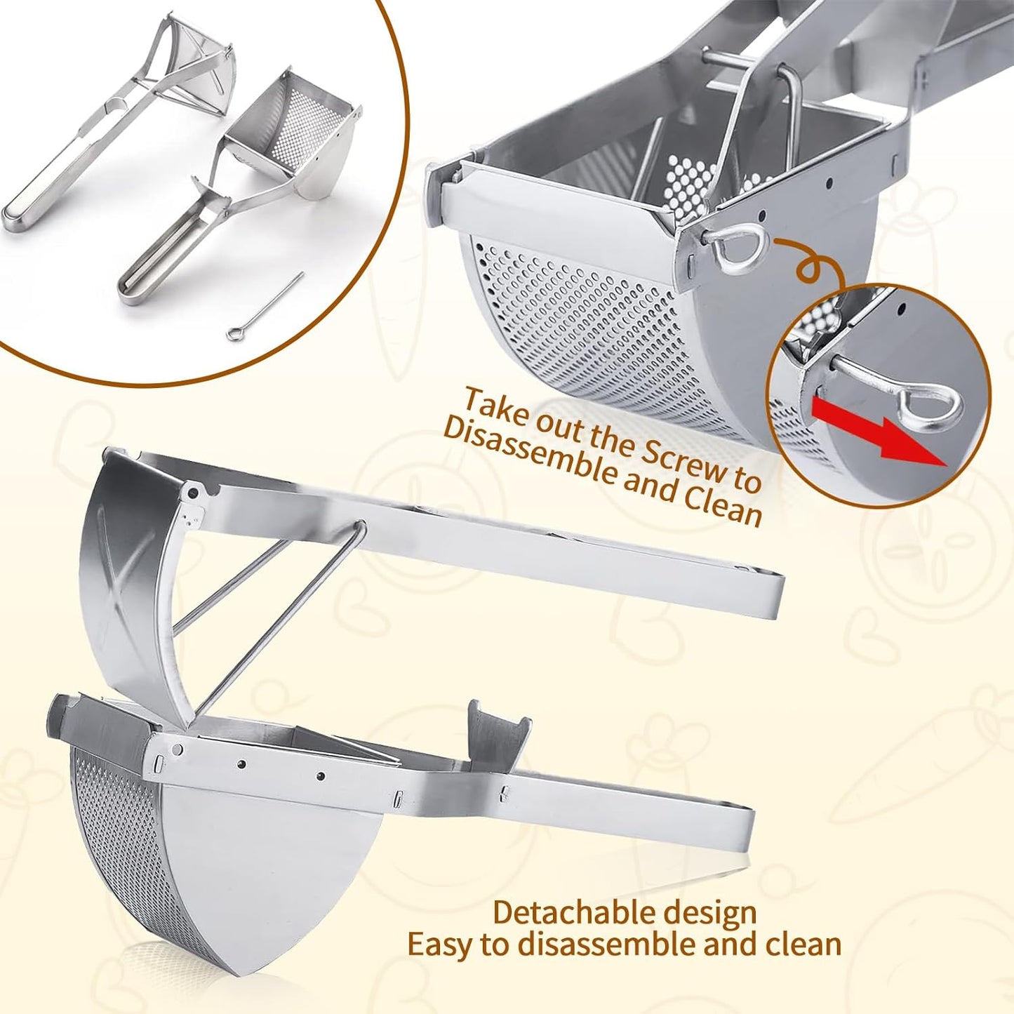 Potato Ricer, Heavy Duty Stainless Steel Professional Ricer for Mashed Potatoes and Ricer Kitchen Tool, Mash Potato Masher for Creamy Mashed Potatoes (Silver)