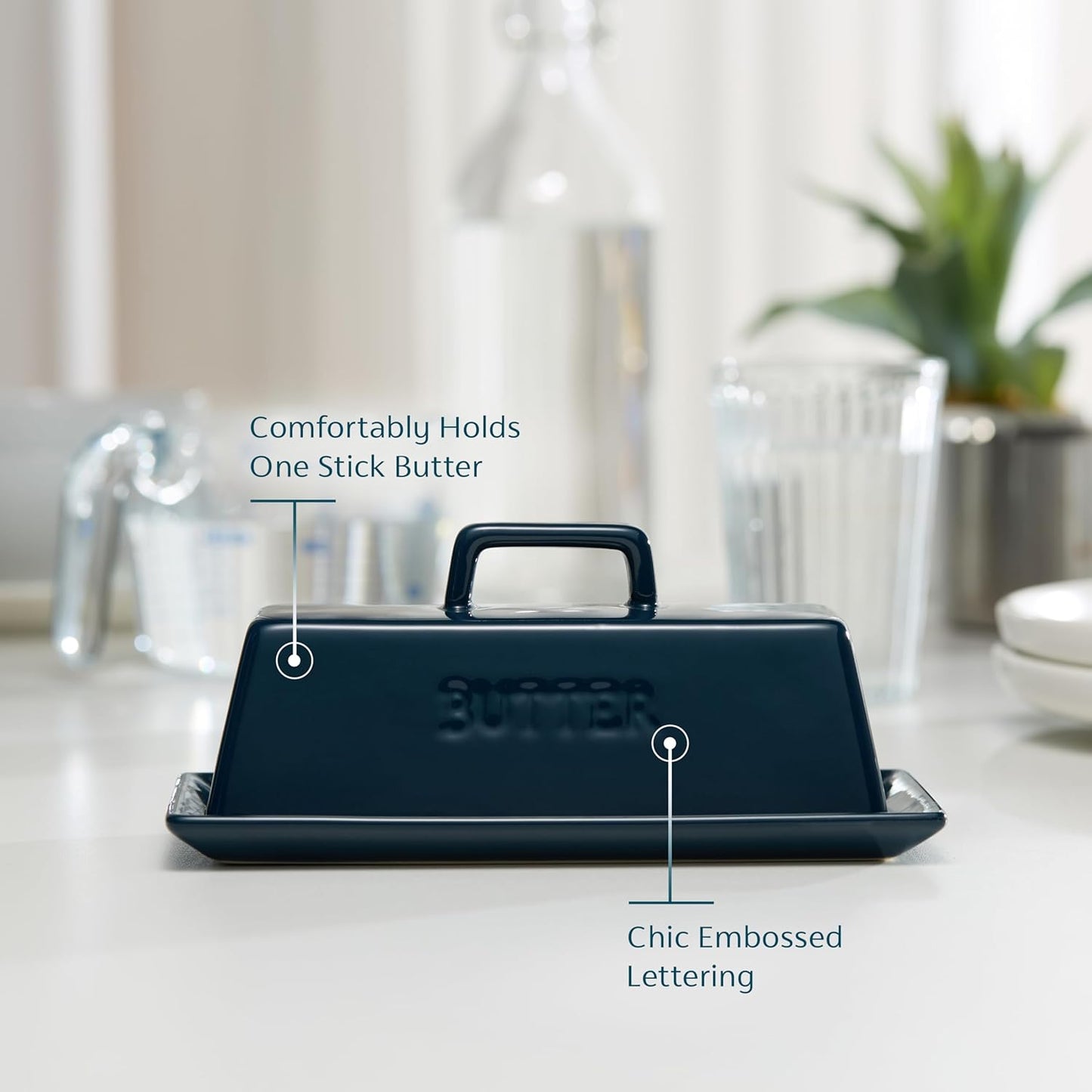 Kook Ceramic Butter Dish with Lid, Kitchen Countertop Butter Keeper, Serving Tray with Cover, Storage Container, Holds 1 Stick, Microwave and Dishwasher Safe, Navy Teal