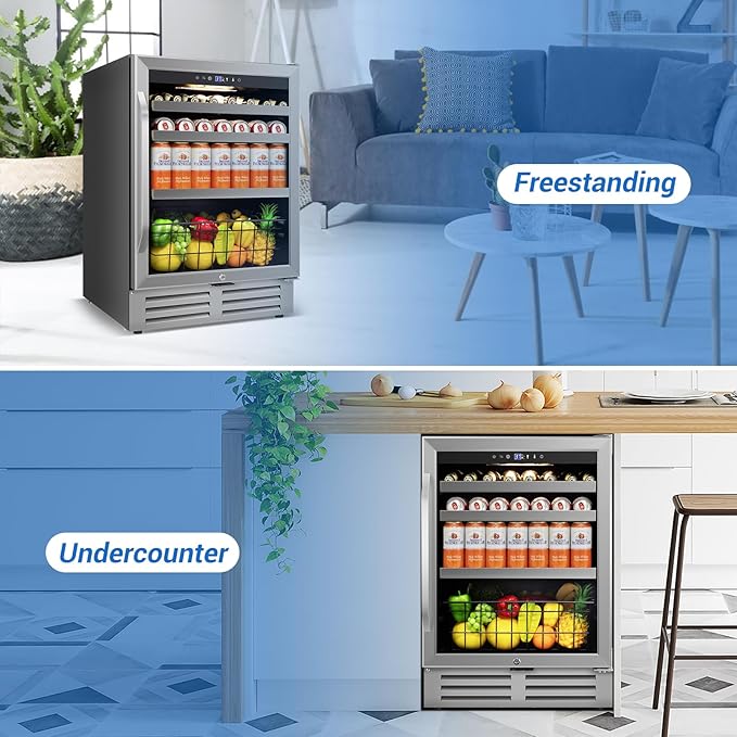 24" Beverage Refrigerator Cooler Under Counter, 180-Can Capacity, 24 Inch Wide Built-In Beer & Drink Fridge with Glass Door With Metal Basket for Home, Bar & Office