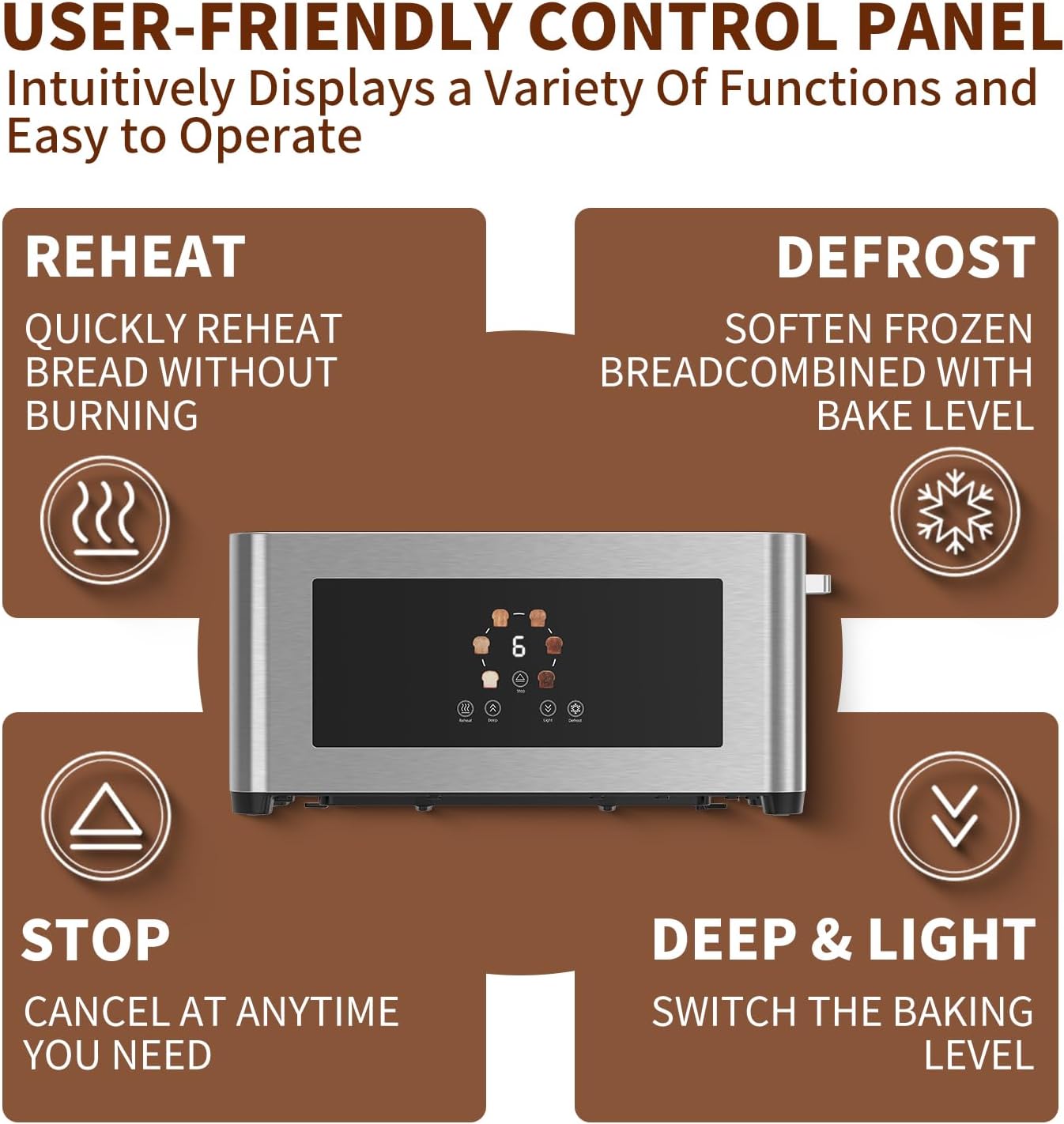 Touch Screen Smart Toaster 4 Slice, LCD Display, 1.6" Long Slot Toaster with 6 Shade Settings, Defrost, Reheat & Removable Tray, Wide Slot for Long Bread, Bagels, Waffles, 1300W, Stainless Steel