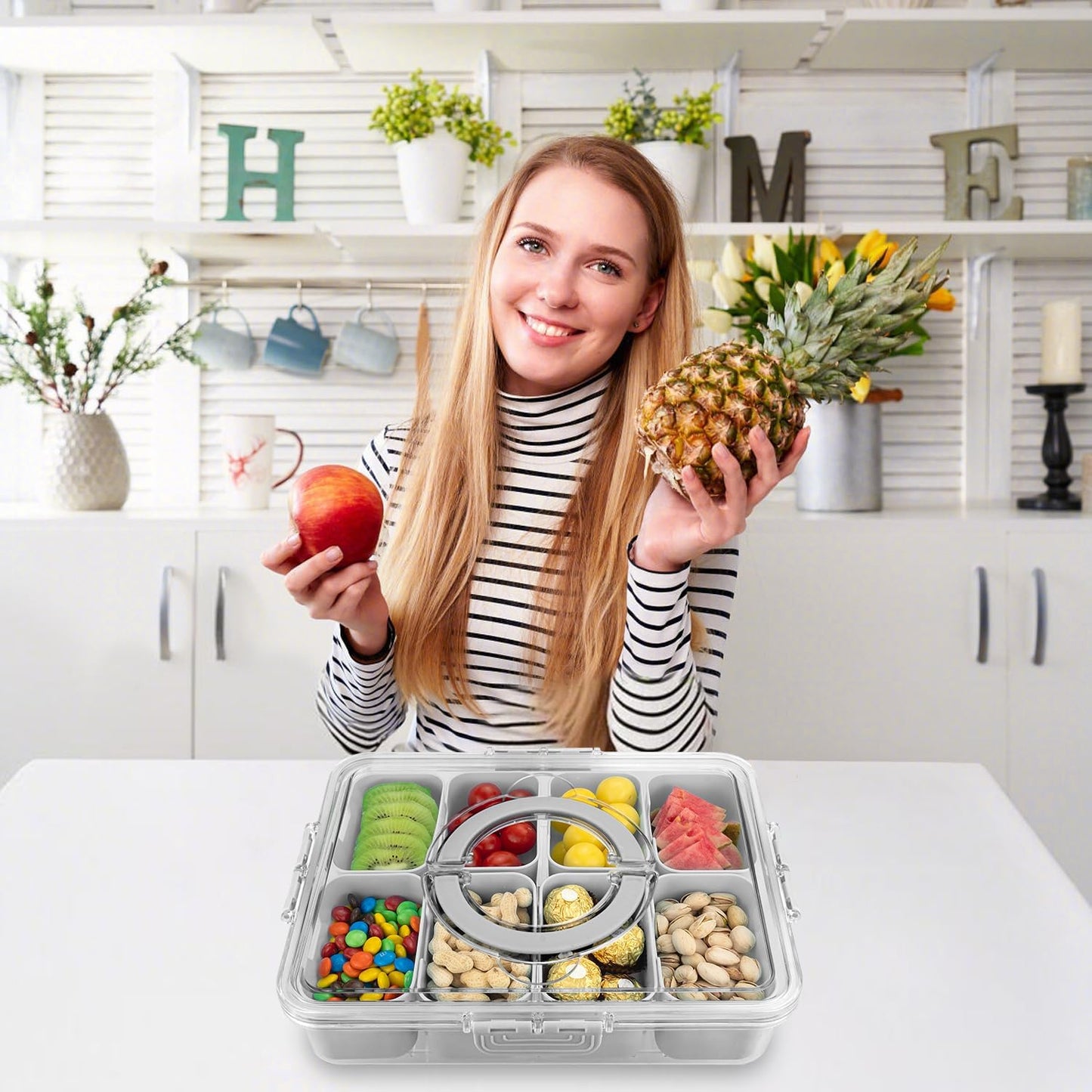 Divided Serving Tray with Lid and Handle,8 Compartments Snacks Box,Snack Fruit and Veggie Tray,Portable Platter for Candy Fruits Nuts Snack Party Entertaining Picnic (1 PCS Grey)