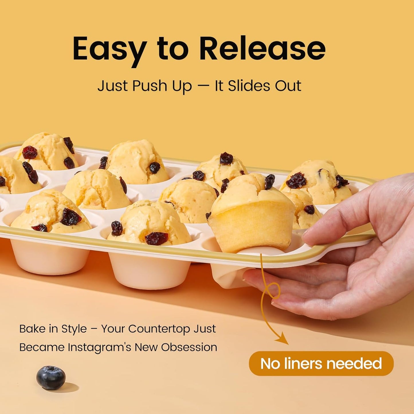 Silicone Muffin Pans for Baking 1 Pack, 2.6 Inch with Metal Reinforced Frame, Regular Size Nonstick Cupcake Pan 12 Cups for Baking Homemade Muffins, Dishwasher Safe BPA Free-Light Yellow