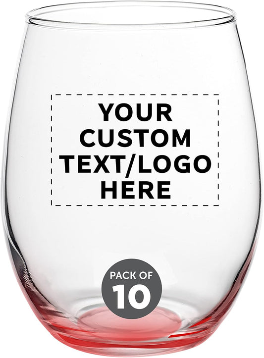 Custom Stemless Wine Glasses in Bulk by ARC Perfection, 15 oz, 10 pack, Personalized Text, Logo, Red or White Wine Glass Set, Red