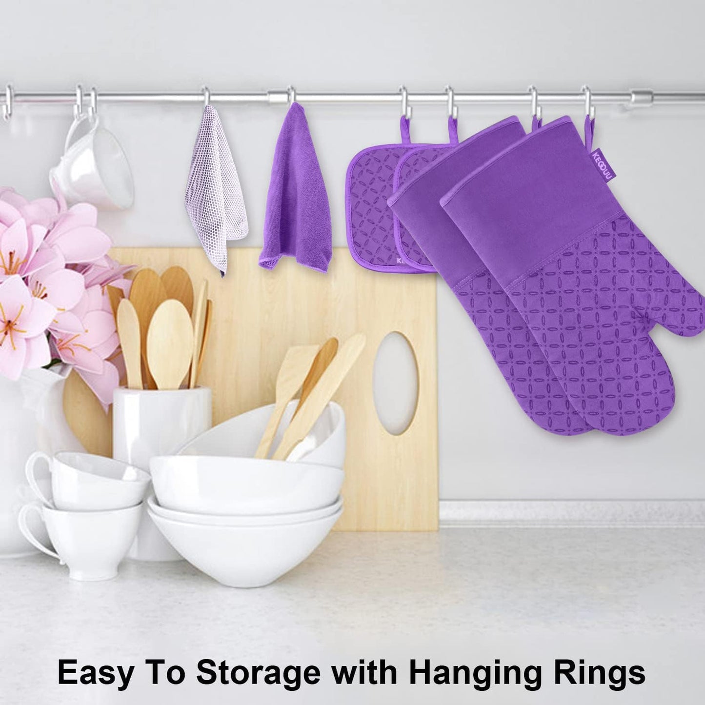 KEGOUU Oven Mitts and Pot Holders 6pcs Set, Kitchen Oven Glove High Heat Resistant 500 Degree Extra Long Oven Mitts and Potholder with Non-Slip Silicone Surface for Cooking (Purple)