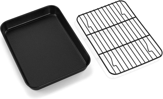 P&P CHEF Baking Oven Sheet Pan with Rack for Cookie, Nonstick Oven Tray and Cooling Rack for Baking & Roasting, Easy Clean, Black, 9.3 x 7 Inch