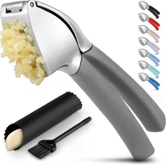Zulay Kitchen Comfort Grip Garlic Press - Garlic Mincer Tool - Garlic Crusher - Garlic Press Mincer Rust Proof, with Soft Ergonomic Handle, Easy Clean Set with Peeler and Brush - Gray