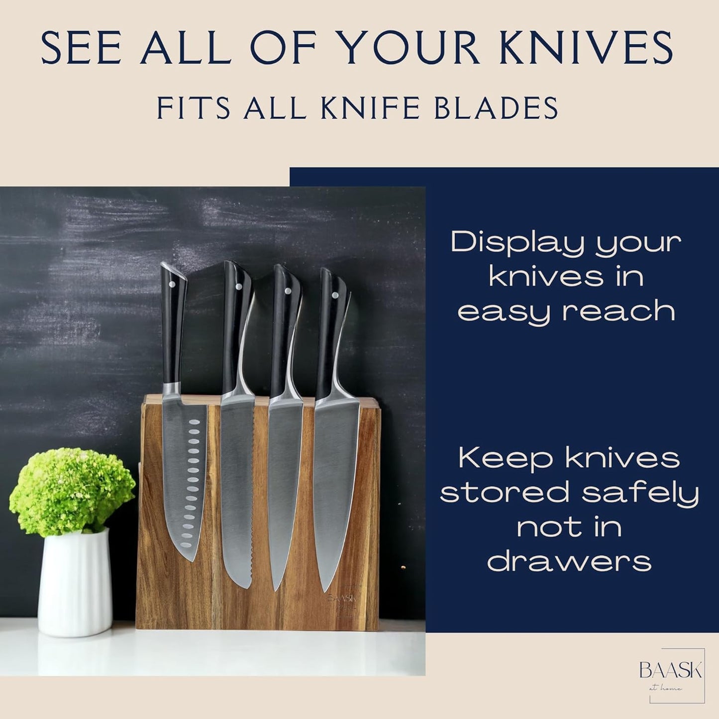 Magnetic Knife Holder, Acacia Wood Double-Sided Magnetic Knife Block - Knife Stand - Strong Magnets - Universal Size - Minimalist Modern Style by BAASK