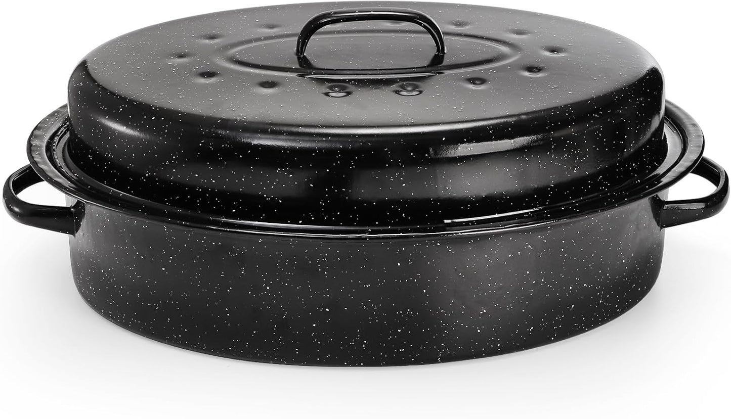 TOPZEA Granite Roasting Pan with Lid, 18" x 12.5" Turkey Roaster Pan Enameled on Steel Nonstick, Covered Oval Roaster Pot Oven Broiler Pan Cookware for Turkey, Chicken, Ham Meat Roast, Dishwasher Safe