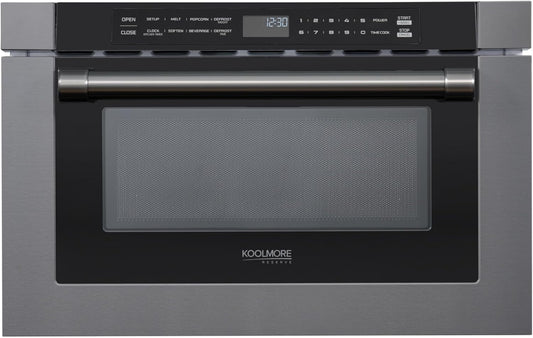 KoolMore Reserve 24 in. 1.2 cu. ft. Microwave Drawer with Electric Door Opening, 10 Power Levels, Sensor Cooking, Melt, Defrost, Bake, Roast, Broil, 1500 Watts, UL Certified in Black Stainless-Steel