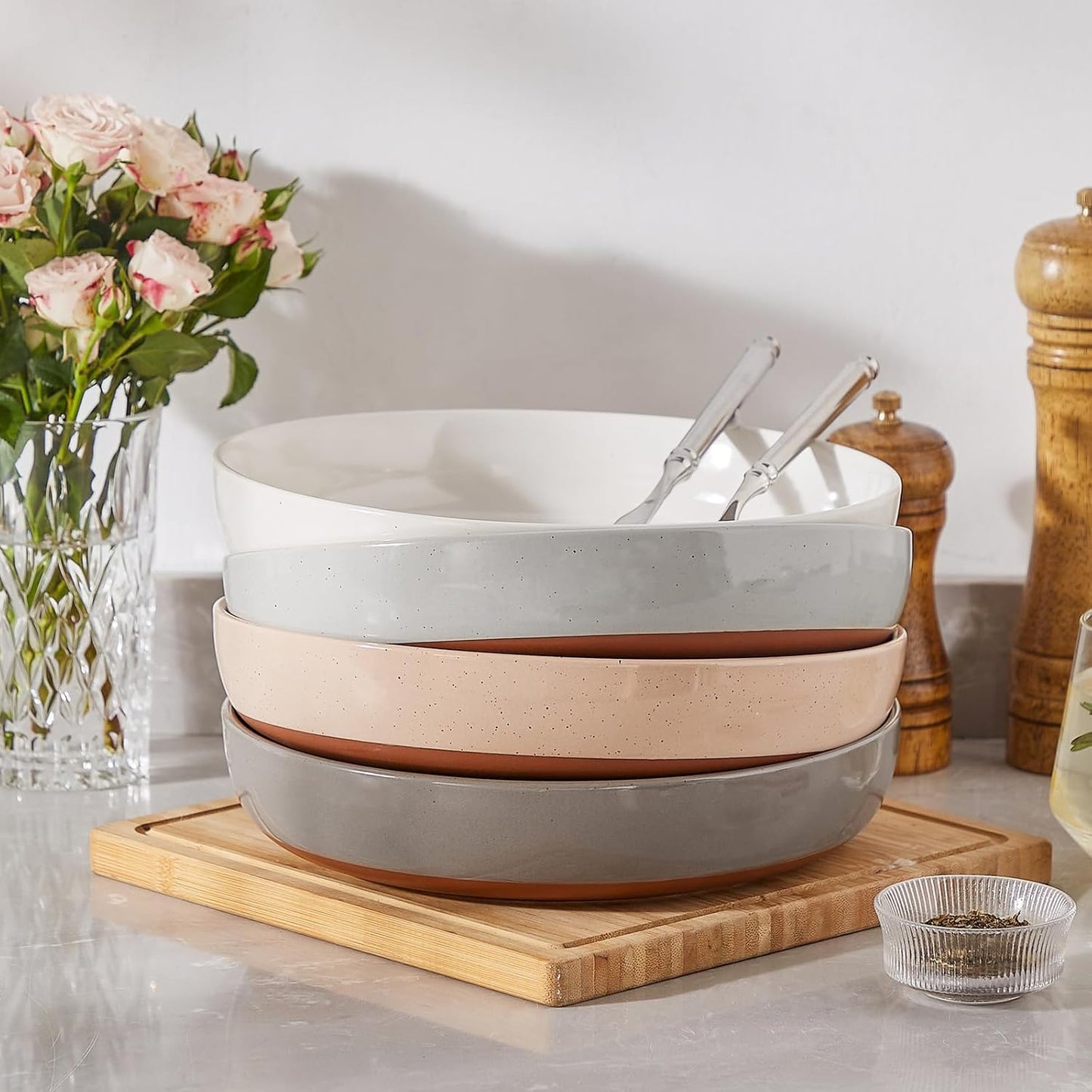 MALACASA Large Pasta Bowls Set of 4, 48 OZ Salad Bowls Serving Bowls for Dinner, Ceramic Soup Bowls Pasta Plates for Serving, Stackable, Microwave & Dishwasher Safe, Multicolor, Series TARA