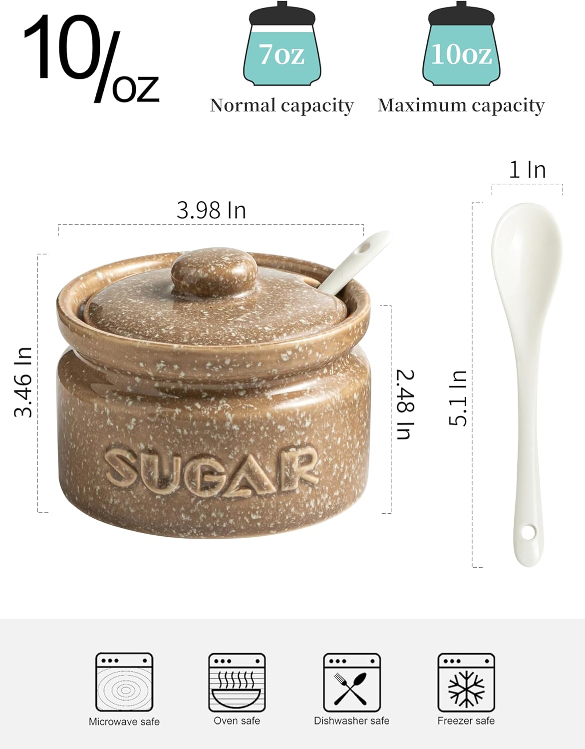 Gomakren Sugar Bowl with Lid and Spoon, Sugar Container Sugar Dish 10oz, Ceramic Sugar Jar for Coffee Bar, Kitchen, Countertop - Modern Farmhouse Kitchen Christmas Decor, Brown