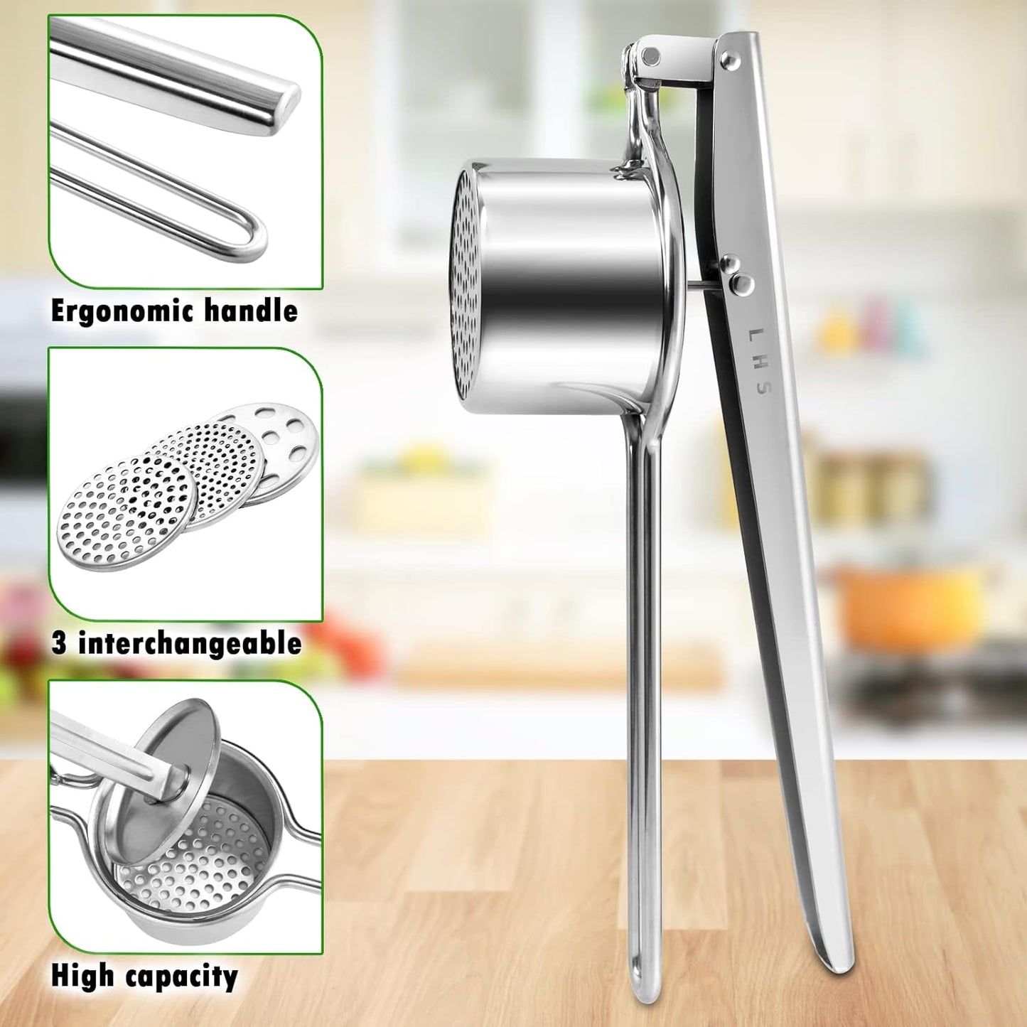 Heavy Duty Stainless Steel Potato Ricer, Large Masher & Squeezer, Grade Hand Vegetable Ricer, Kitchen Tool, Food Presser & Food Mill