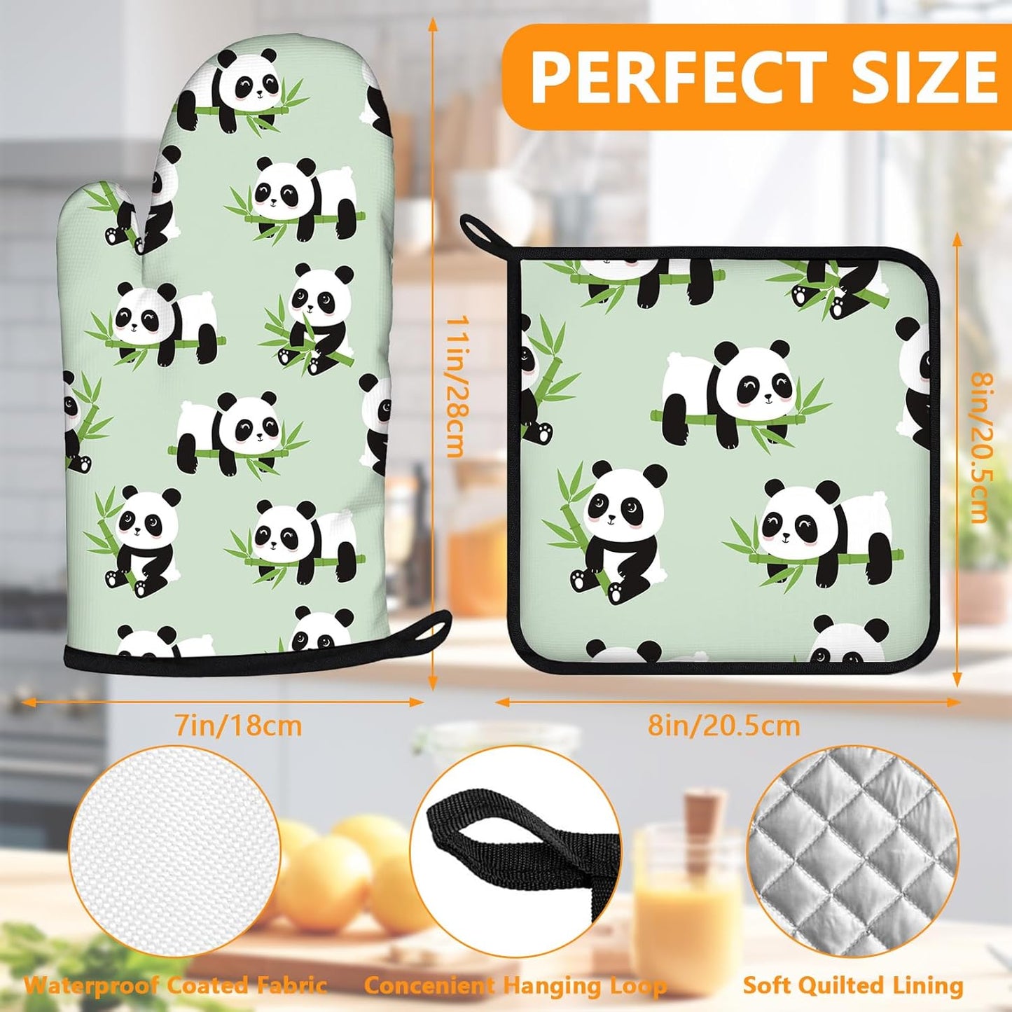Cute Panda Oven Mitts and Pot Holders Sets 4Pcs,Extra Long Oven Gloves Potholder for Kitchen Cooking Baking BBQ 100% Cotton Heat Resistant