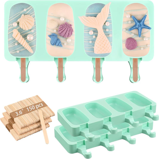 Sakolla Large Popsicle Silicone Molds Set, 3 Pcs 4 Cavities Oval Homemade Ice Cream Molds with 150 Wooden Sticks for Ice Pop, Cakesicles, Cake Pop (Green)