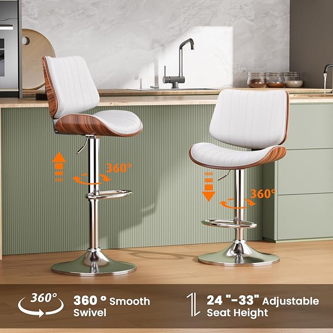 Swivel Bar Stools Set of 2, Adjustable Bentwood Barstools for Kitchen Counter, Modern PU Leather Upholstered Bar Chair with Back and Footrest, for Kitchen Island, Bar, Dining Room, Cafe, White