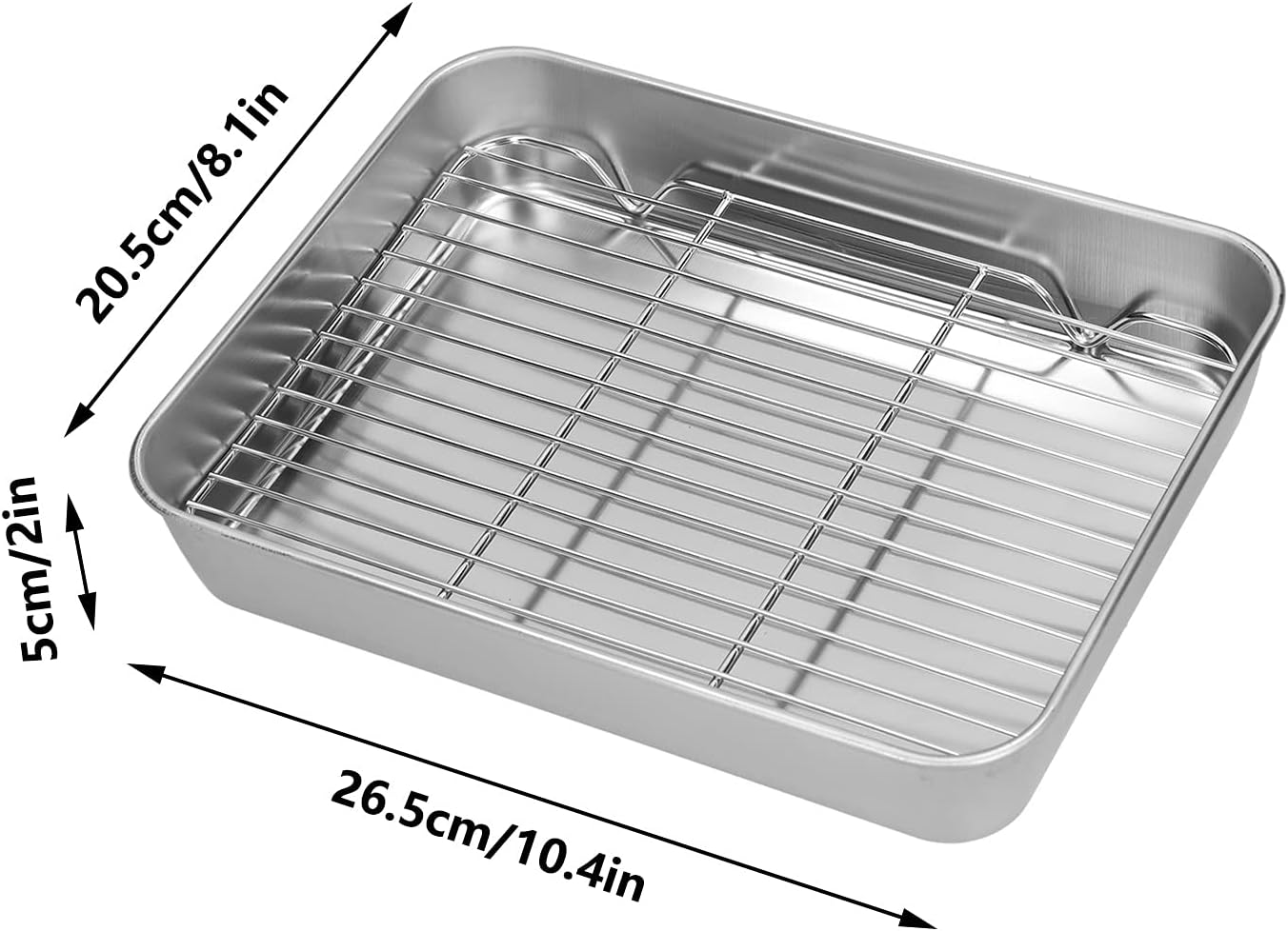 Stainless Steel Roasting Pan, Broiler Pan with Grill Rack Set, Rectangular Roaster Idea for Cooking and Baking (10.4×8.1×2inch)