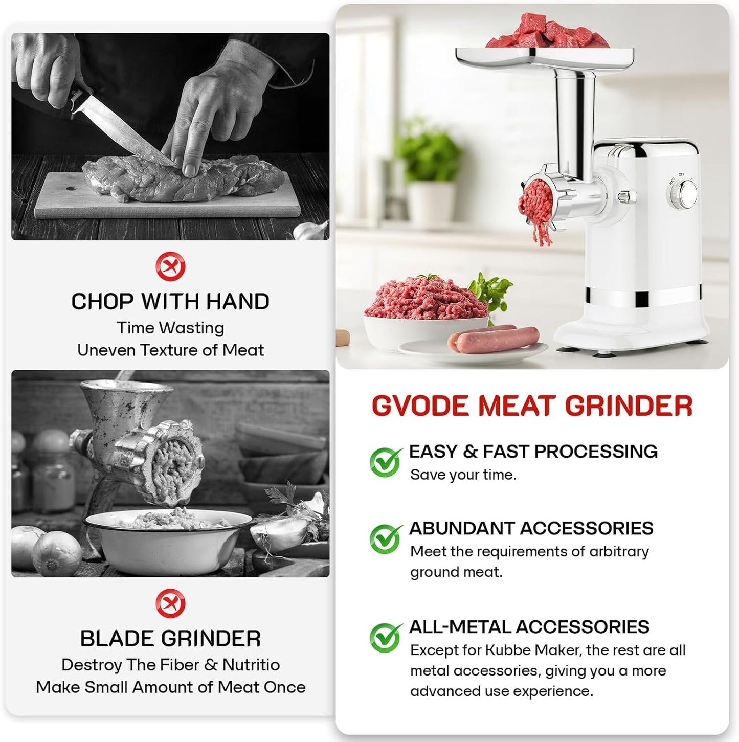 GVODE Electric Meat Grinder & Sausage Stuffer - 700W Max Power, 3 Sausage Tubes, 2 Blades, 4 Plates - Home Use Meat Smasher for Ground Beef & Sausage Maker Machine