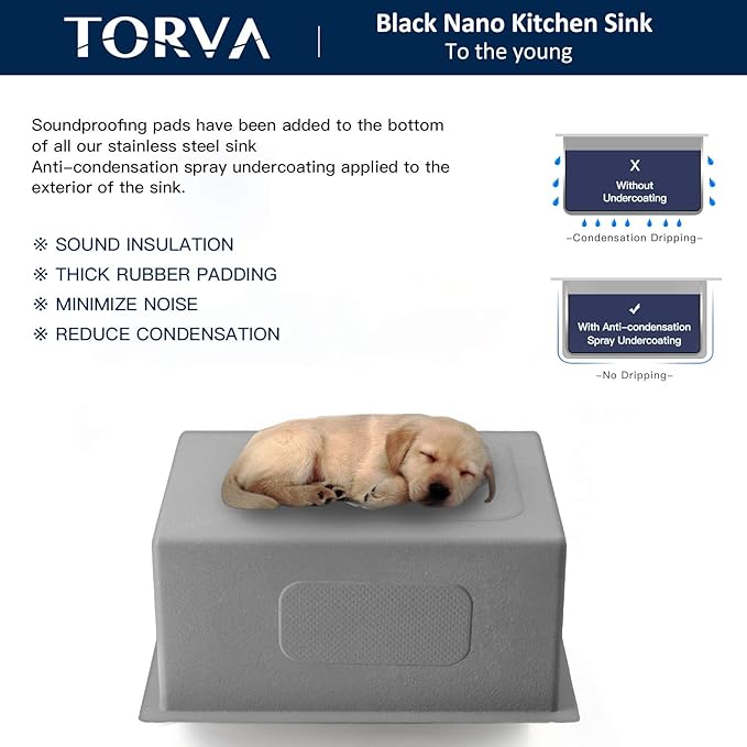 TORVA 32 x 19 Inch Gloss Black Ceramic Coating with NanoTek Undermount Kitchen Sink,PVD Coated Gunmetal Sink, 16 Gauge Stainless Steel Wet Bar or Prep Sinks Single Bowl, Dark Gray