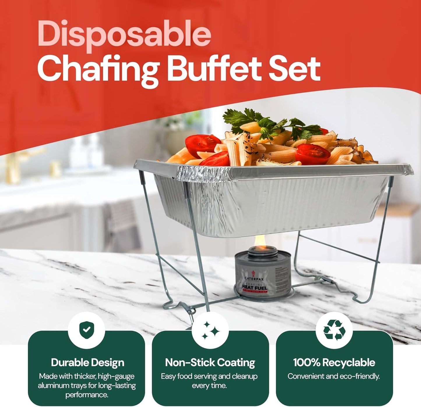 9 Pack - Disposable Chafing Dish Buffet Set (57 PCS) – Catering Food Warmers with 9 x Half Size Aluminum Pans, Foil Lids, Foldable Racks, Utensils & Fuel Cans - Perfect for Parties, Weddings & Events