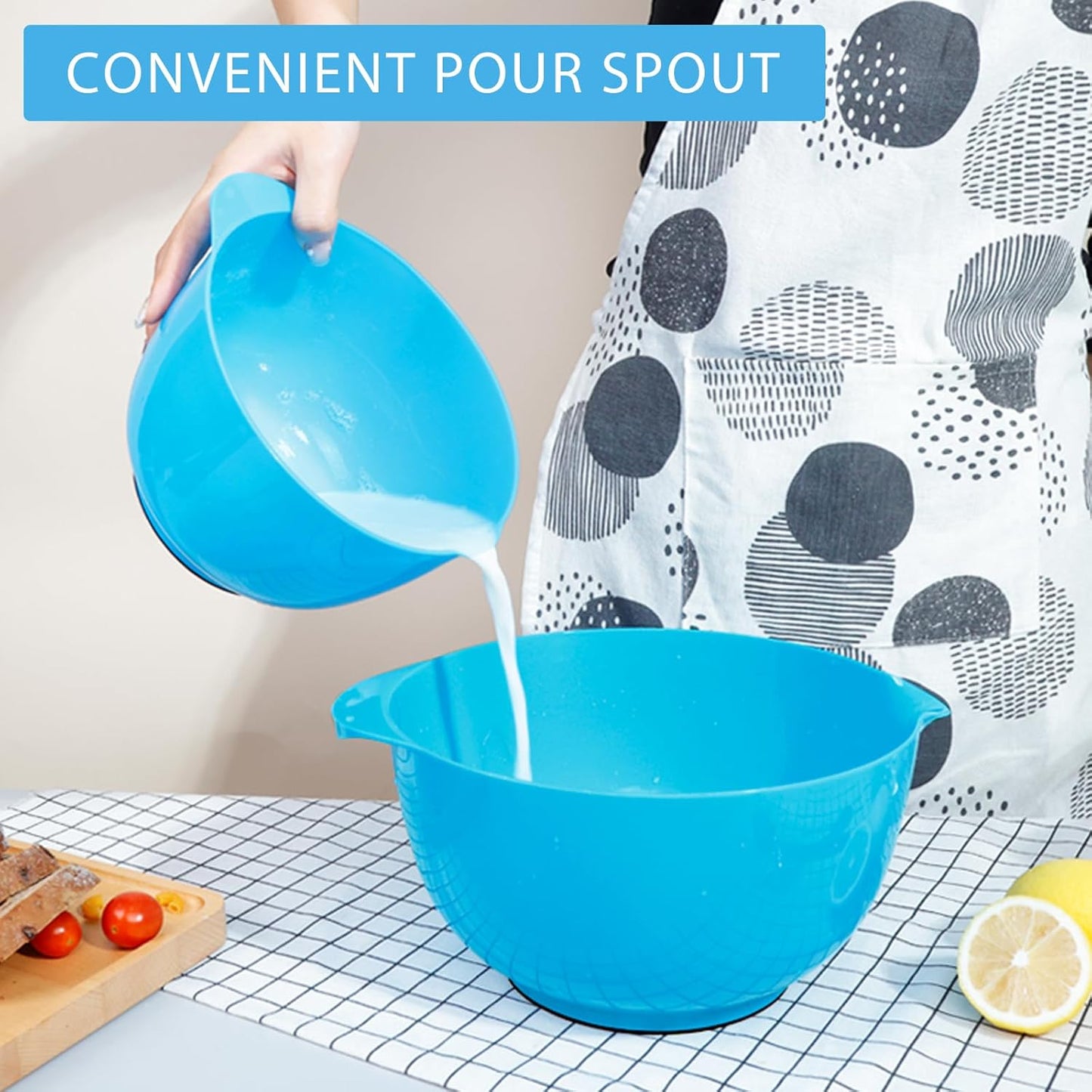 BoxedHome 4 Quart Large Plastic Mixing Bowls, Microwave Safe Mixing Bowl Set with Pour Spout, Nesting Bowls for Space Saving Storage(Teal)