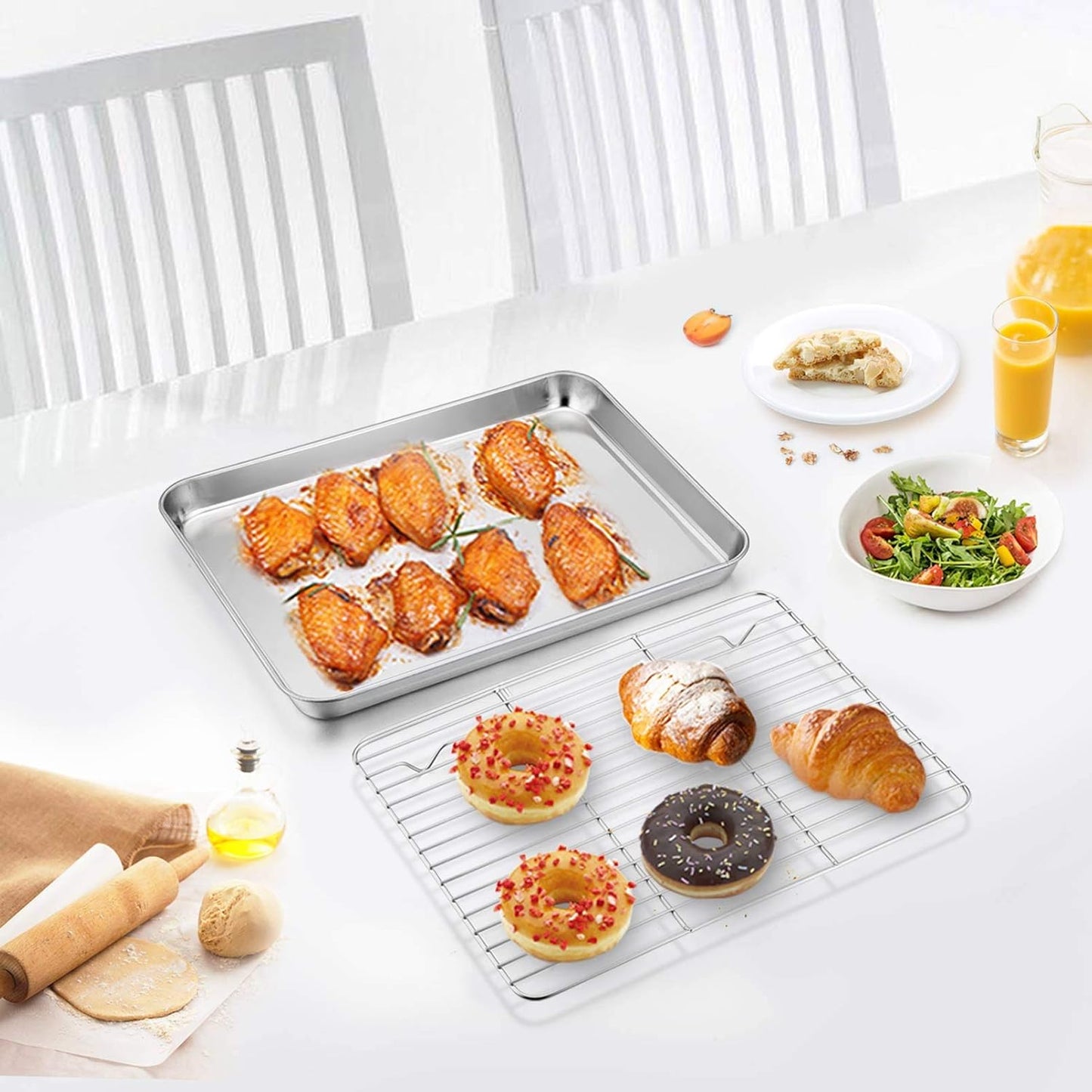 TeamFar 10.5’’ x 8’’ x 1’’ Toaster Oven Pan with Rack Set, Small Baking Pans Tray Stainless Steel with Cooling Rack Set of 4, Non-Toxic & Heavy Duty, Mirror Finish & Dishwasher Safe