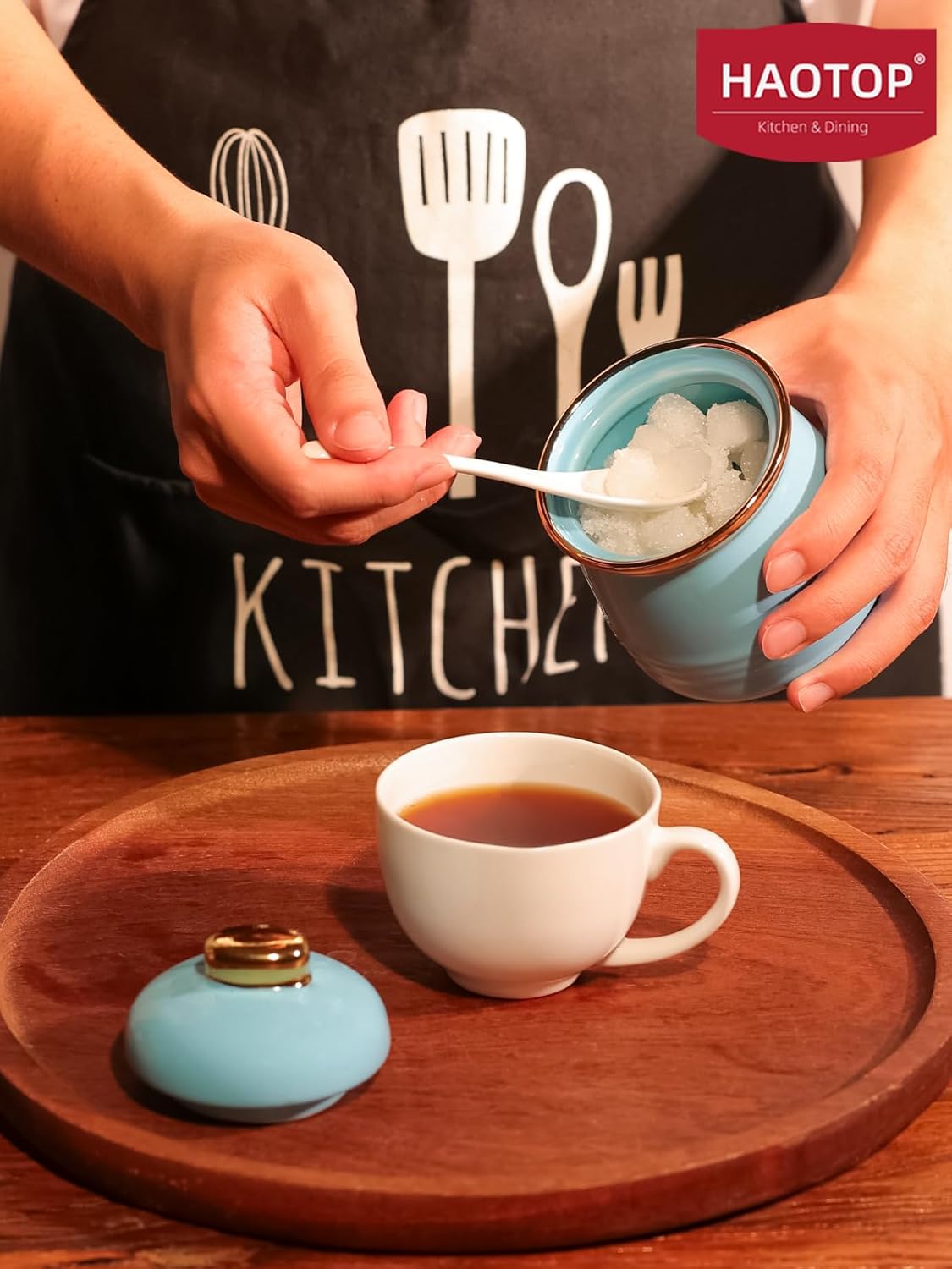 HAOTOP 12oz Sugar Bowl with Lid and Spoon,Simple Ceramic Sugar Jar Sugar Container Sugar Dispenser Coffee Bar Accessories, Modern Kitchen Countertop Canisters, Turquoise