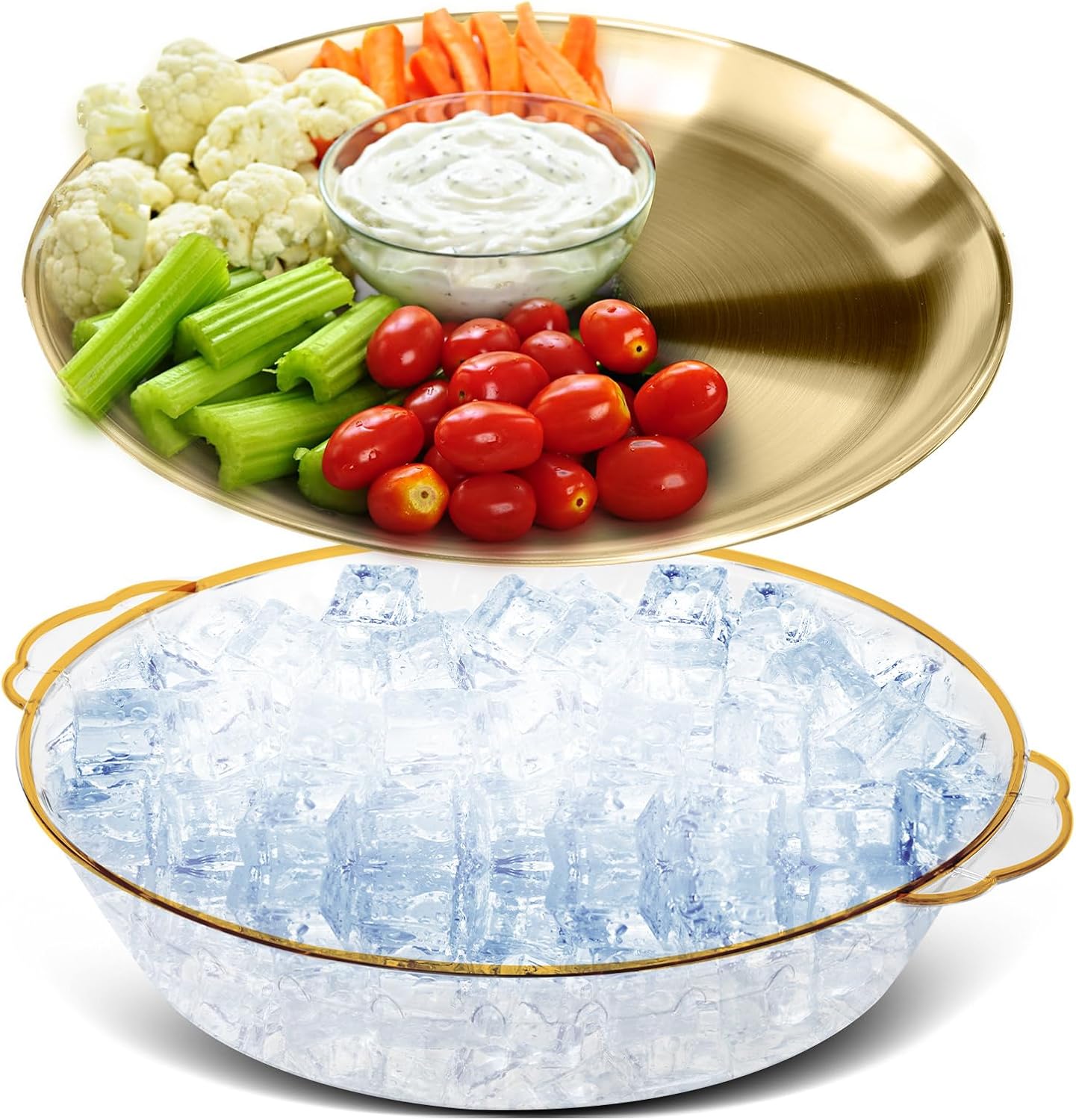 Baderke 1 Set 11.8" Chilled Serving Tray for Parties with Compartments Ice Chilled Party Platter Charcuterie Serving Board Cold Dish Dip for Fruit Seafood Vegetable Shrimp Cocktail (Gold)