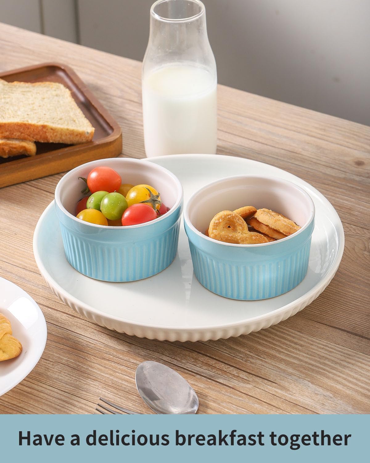 Hasense Ramekins Oven Safe, 8 oz Creme Brulee Ramekins Set of 2, Microwave & Dishwasher Safe Souffle Baking Cups for Pudding, Ice Cream, Custard, Dessert Bowls Porcelain, Sky Blue