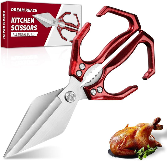 Dream Reach Poultry Shears - Heavy Duty Kitchen Scissors for Food with Ergonomic Handle, Japanese High-Carbon Steel Culinary Shears for Chicken, Meat, Seafood, Bone Cutting, Gift Box Included (Red)