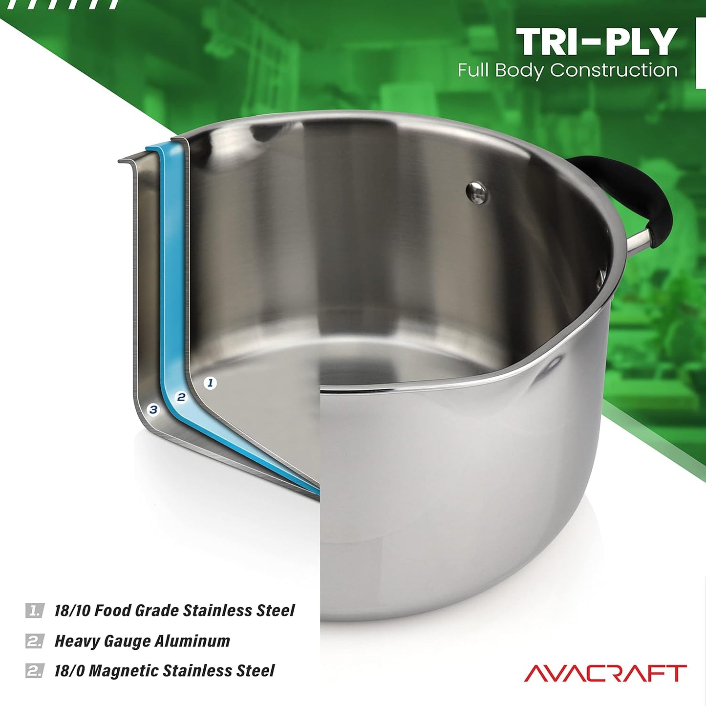 AVACRAFT Tri-Ply Stainless Steel Stockpot with Glass Strainer Lid, Side Spouts, 6 Quart Multipurpose Sauce Pot