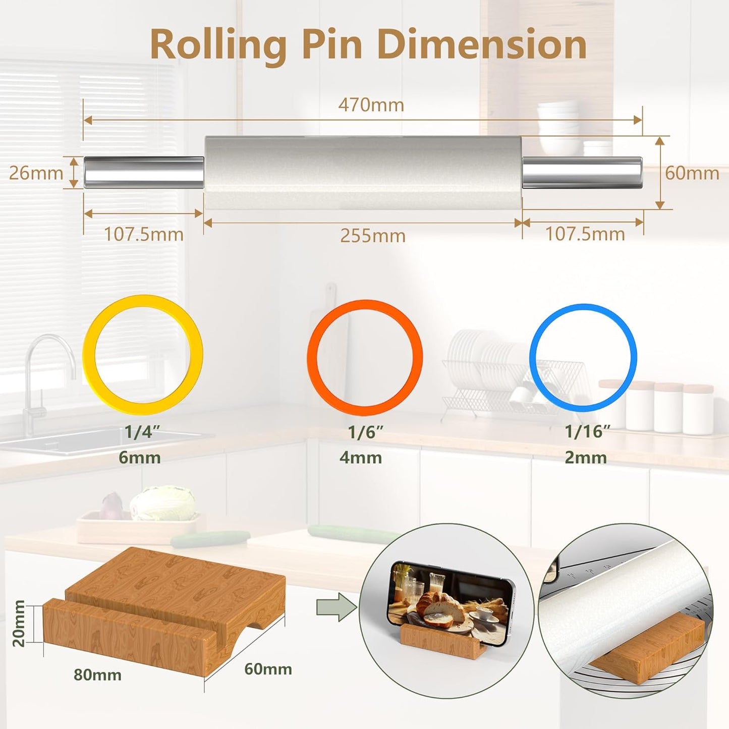 Marble Rolling Pin with Stainless Steel Handle for Baking,Fondant,Pizza,Cookie Crust,Pie,Cookies,Pastry, 18.5”(Includes handle) Marble Rolling Pin with 3 Multi-Color Thicknesses and Wood Stand