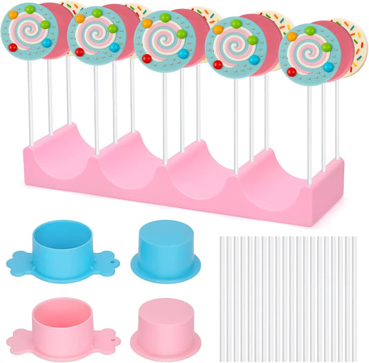 15 Holes Silicone Cake Pop Stand for Drying, Lollipop Display Holder with 2 Candy Shaped Cake Pop Mold Set & 20Pcs Sticks for Birthday Cake Decorations (Pink&Blue, 23P)