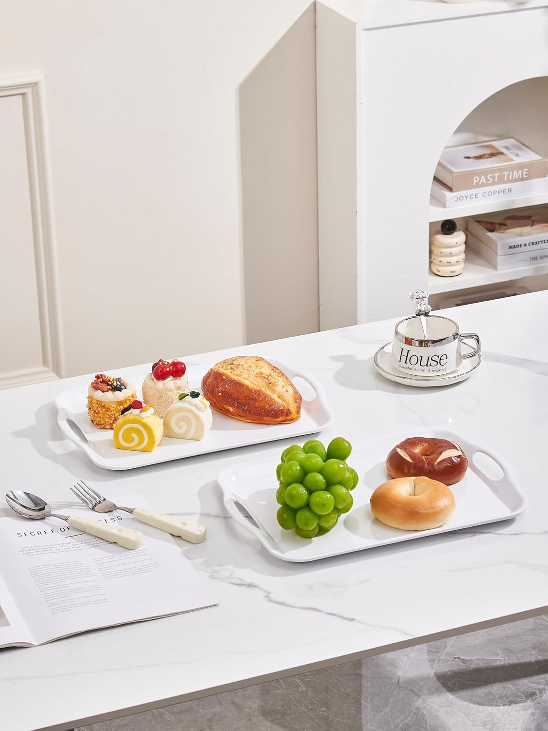 Blue Boat 14" x 10" Serving Trays Set of 2 White, Dinner Tray, Light Weight Easy to Clean Sturdy Stackable Melamine Serving Tray with Handle, Fruit, Snacks, and Desserts Trays