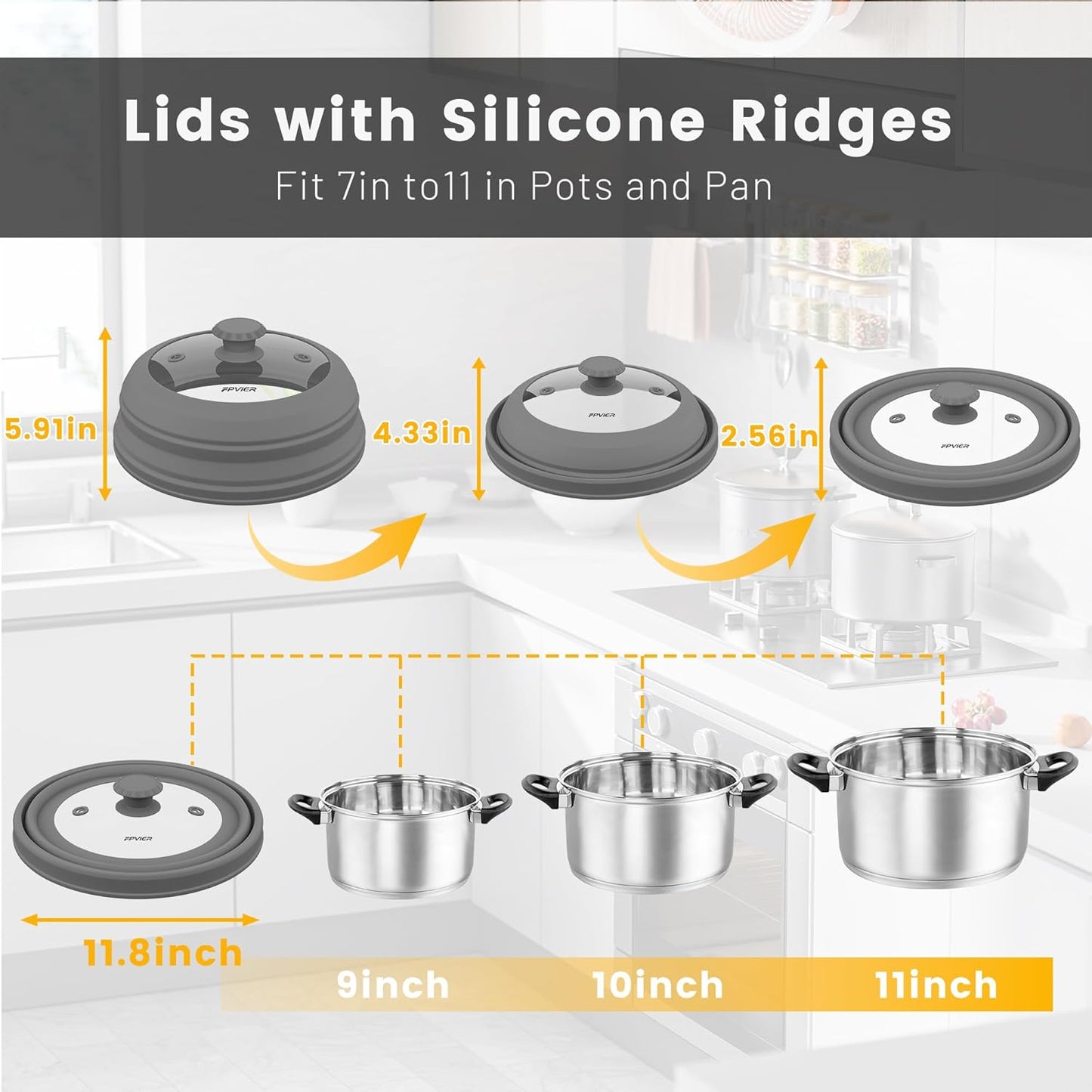 Collapsible Microwave Splatter Cover - Vented Silicone & Glass Lid with Easy-Grip Handle, Fits 6 to 11 Inch Plates & Bowls, 11.8 Inch Diameter, Prevents Splatters & Ensures Even Heating