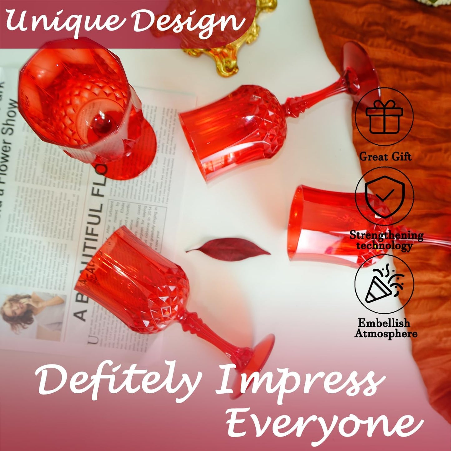 Plastic Wine Glasses，Plastic Goblets Vintage Style Cordial Drinking Glasses for Wedding Reception, Grand Event Party Supplies (24, Red)