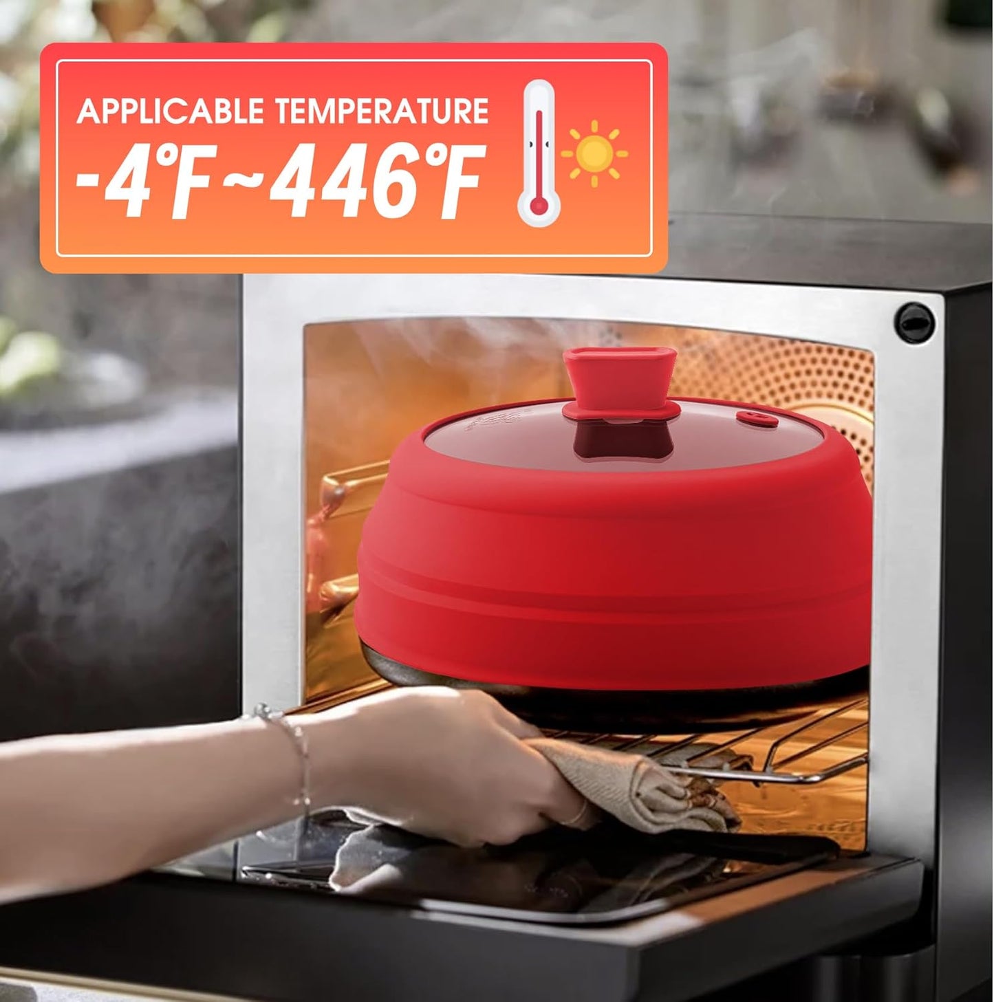 Microwave Splatter Cover Glass Microwave Cover for Food Collapsible Splatter Guard Lid with Silicone Handle for Pot Plate Bowl 9 Inch Red