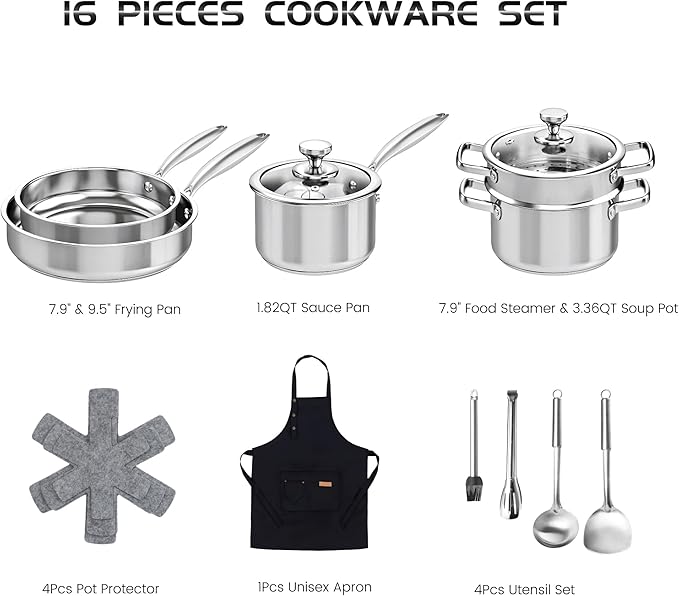 Pots and Pans Set Stainless Steel Kitchen Cookware Sets Classic Cooking Set, Induction Pots and Pans with Lids