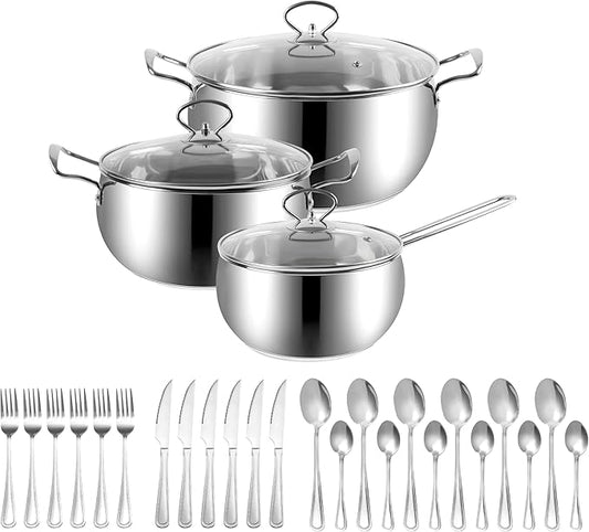 YSSOA Sleek Stainless Steel 6-Piece Cookware Set and 24-Piece Silverware Set, Stainless Steel Flatware Set Service for 6