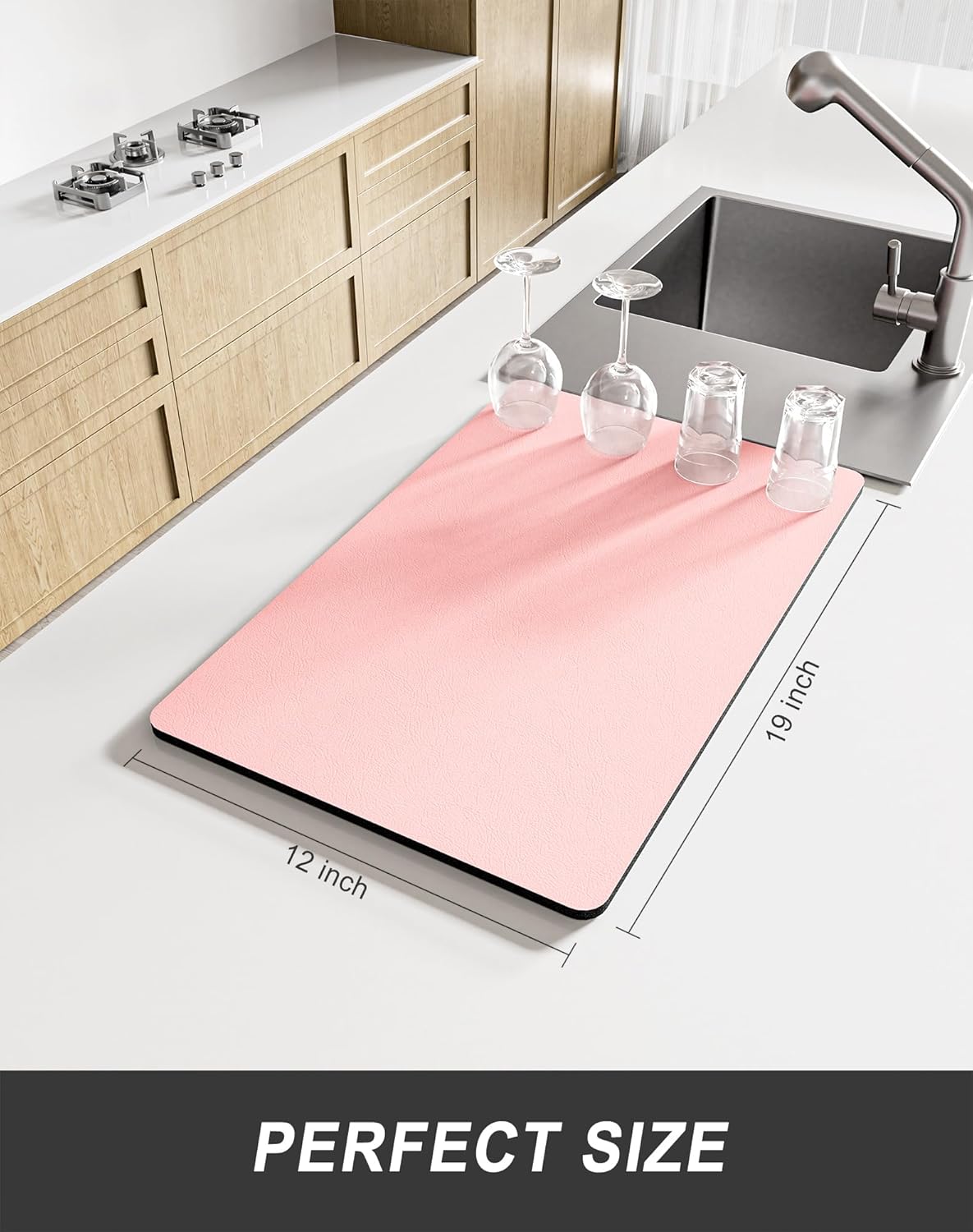 Rnivvi Dish Drying Mat for Kitchen Counter, 12 x 19" Super Absorbent Drainer Pad Easy Clean Dish Rack Pad, Non-Slip Heat Resistant Coffee Bar Mats for Coffee Machine Station Accessories Decor, Pink