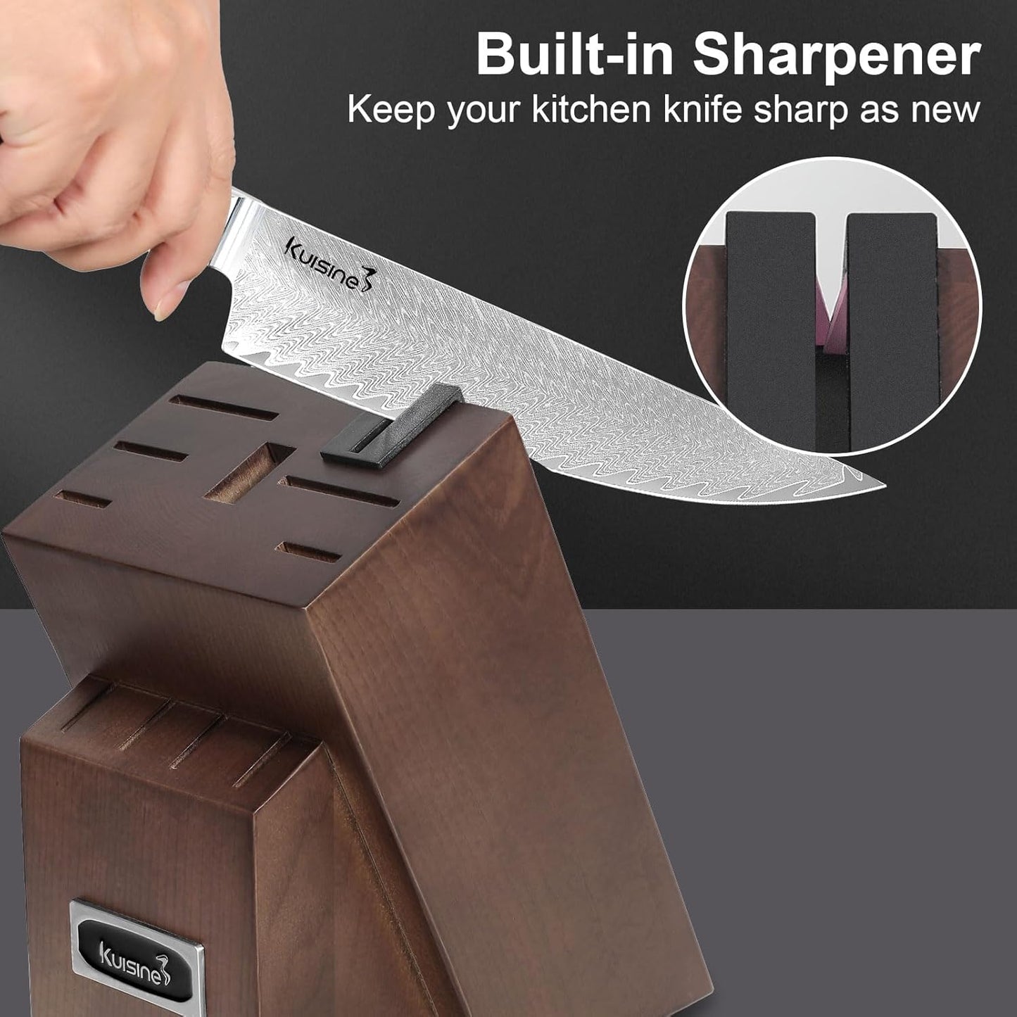 Kuisine Kitchen Knife Set,Damascus Steel Ultra Sharp, Ergonomic Non-slip Wood Handle, Chef Knife Block Set with Built-in Sharpener,Luxury Gift for Holiday(Silver, 12PCS)