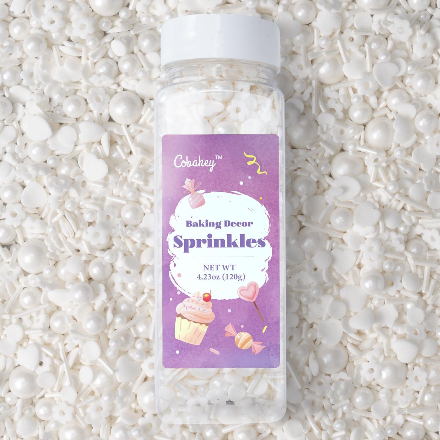 White Lovers Sprinkles for Cake Decorating 4.23ounce - Sugar Mix Contains Heart & Flowers Pearl Sprinkles for Cupcake Toppers, Ice Cream, Candy, Cookie Decorations - Wedding Party Supplies