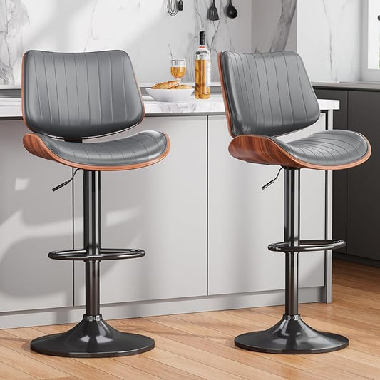 Swivel Bar Stools Set of 2, Adjustable Bentwood Barstools for Kitchen Counter, Modern PU Leather Upholstered Bar Chair with Back and Footrest, for Kitchen Island, Bar, Dining Room, Gray