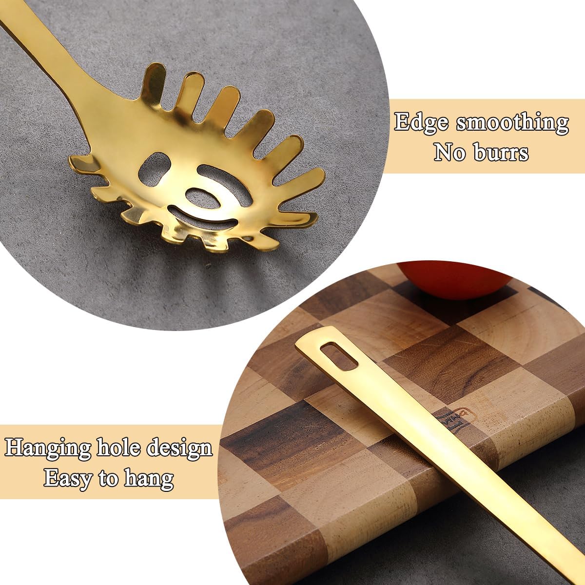 Gold Spaghetti Spoon, ReaNea Pasta Server, Stainless Steel Pasta Spoon with Teeth, One-Piece Metal Pasta Fork, Noddle Fork Gold Kitchen Accessories Utensils, Heat Resistant, Dishwasher Safe