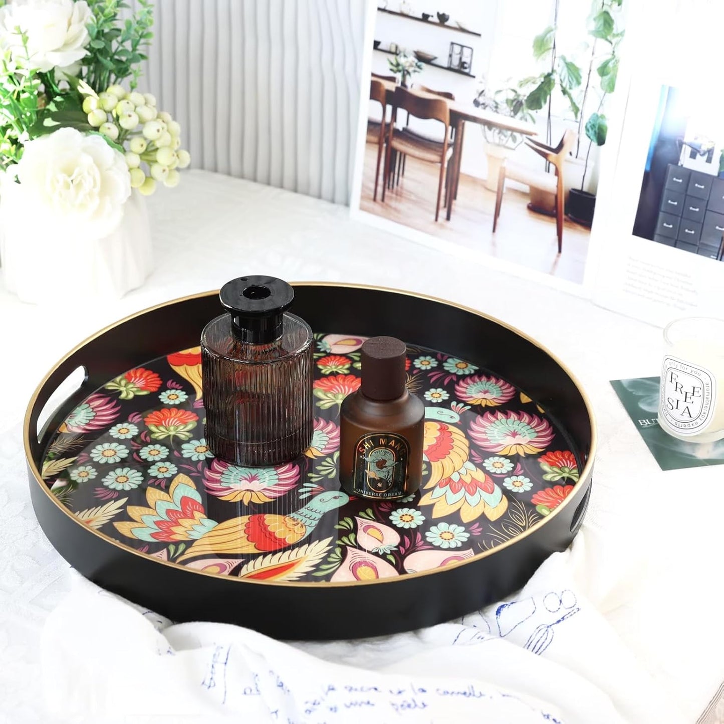 Spsyrine Decorative Serving Tray with Handles, Lacquered Coffee Table Tray for Ottoman, Round Waterproof Platters for Centerpieces, Parties, Living Room, Kitchen Counter Organization Peacock