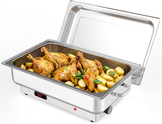 Electric Chafing Dish, 9QT Rectangular Full-Size Buffet Stainless Steel Chafing Dish Set, Commercial Food Warmer with Temperature Control Display for Parties, Catering, Festivals