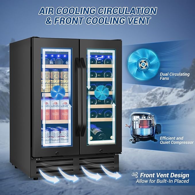 24" Black Dual Zone Wine & Beverage Refrigerator | Under Counter Built-In or Freestanding | 18 Bottles & 68 Cans | Glass Door with Lock Large Capacity for Beer Wine Soda Drinks