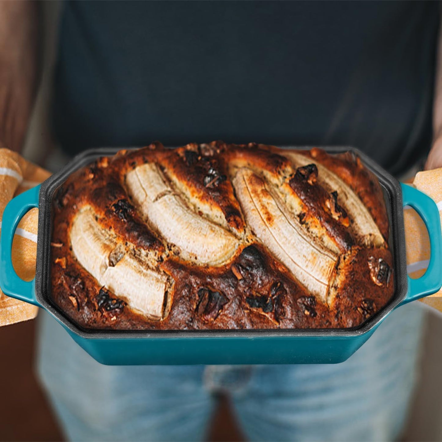Bread Pan Cast Iron Loaf Pan with Lid Bread Loaf Pan 9x5 Inch Loaf Pan Enameled Cast Iron Sourdough Loaf Pan, DarkCyan