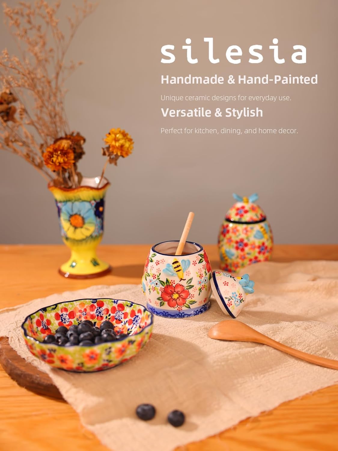 silesia Handmade Honey Jar with Lid, 10 Ounce Ceramic Hand-Painted Honey Containers with Wooden Dipper, Honey Pot Set for Home and Kitchen in Gift Box, Dishwasher Safe, Flowers Red