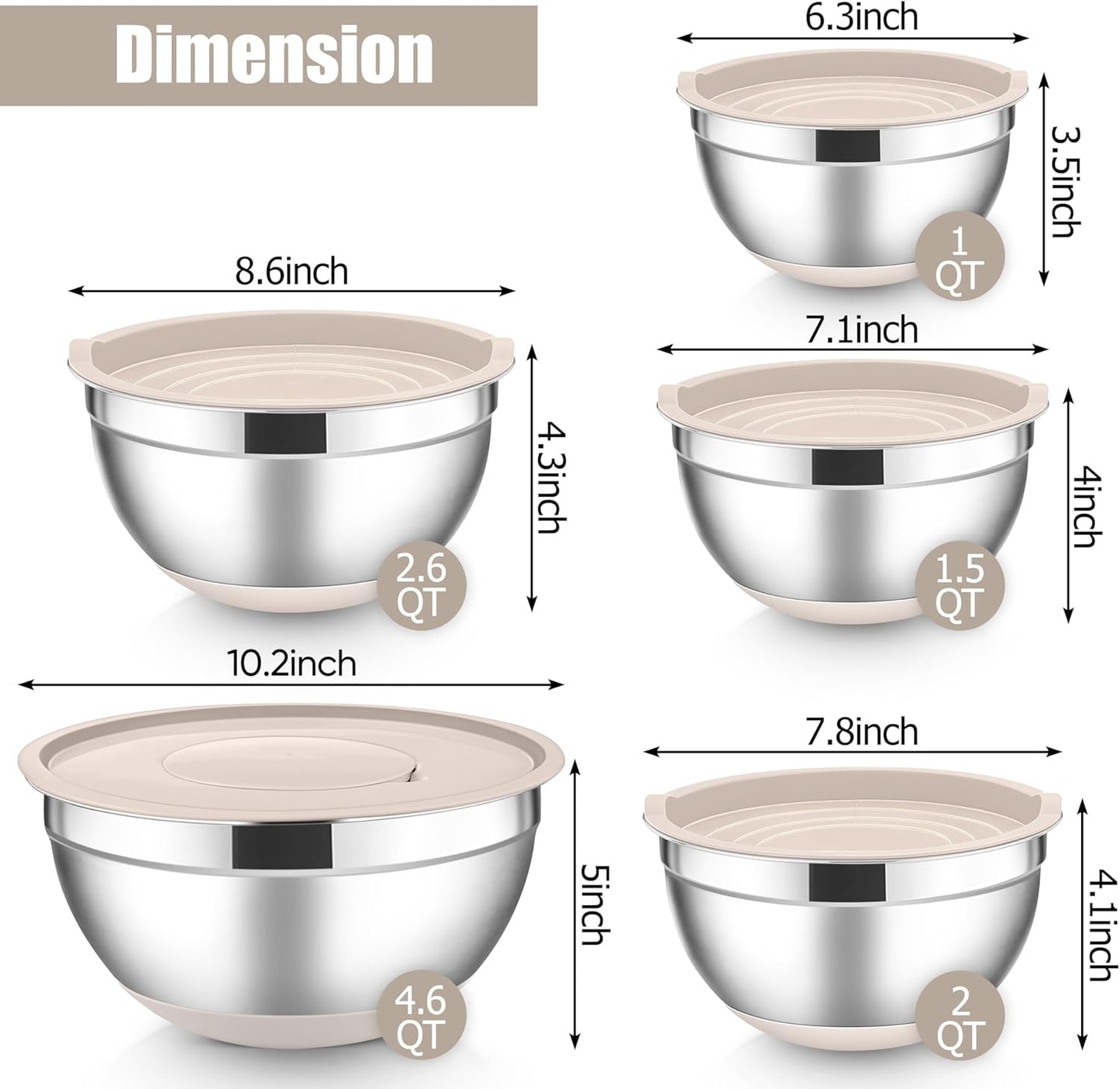 E-far Stainless Steel Mixing Bowls with Lids Set, 5-Piece Nesting Salad Bowls with 3 Grater Attachments and Non-Slip Bottoms, Size 4.6, 2.6, 2, 1.5, 1QT for Kitchen (Khaki)