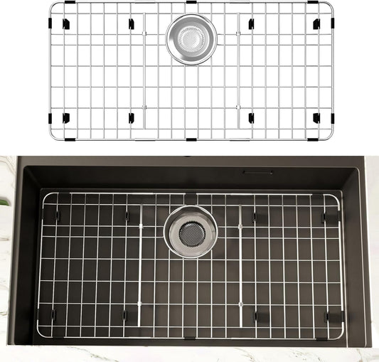 27.5’’ x 13.5’’ Stainless Steel Sink Protector, Sink Protectors for Kitchen Sink, Sink Grid, Sink Grate for Bottom with Rear Drain, Metal Sink Rack for Bottom of Sink with Corner Radius